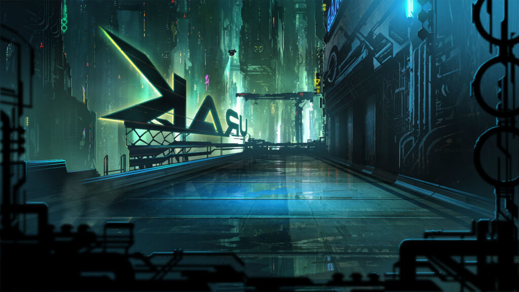 Callejon cyberpunk de Neon District iluminado con carteles de neon