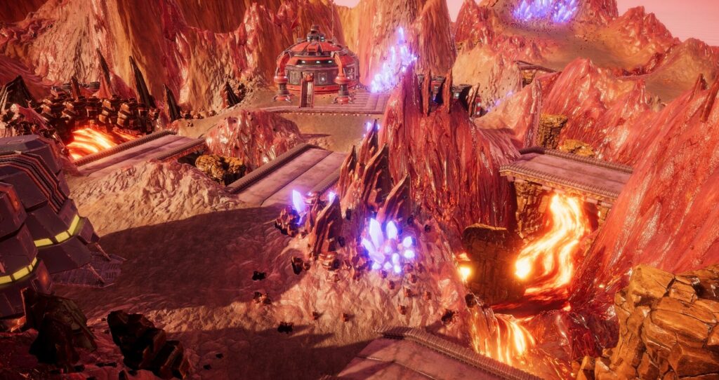 Nivel Mar Sara de Pax Autocratica: terreno rocoso rojizo con lava y cristales, disenado y modelado por Quarantine Interactive