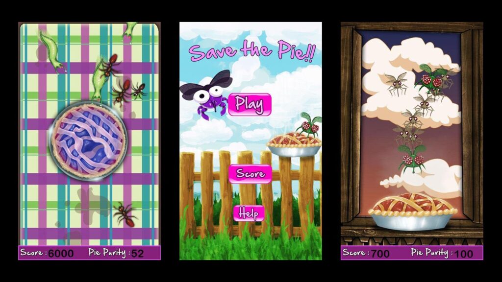 Tres capturas de Save the Pie: la tarta sobre el mantel con insectos, la pantalla de titulo y la tarta en la ventana