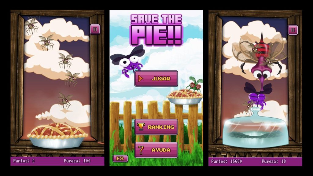 Save the Pie!! — tres capturas del juego: la tarta en la ventana, la pantalla de titulo y un jefe